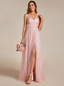 Elegant Deep V-Neck Split Back Bridesmaid Dress For Wedding