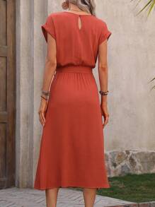 SHEIN LUNE Round Neck Batwing Sleeve Belted Dress - Burnt Orange - View 2