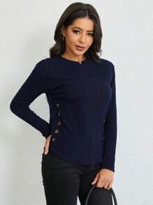 SHEIN LUNE Button Detail Ribbed Knit Tee Fall Cloth For Women