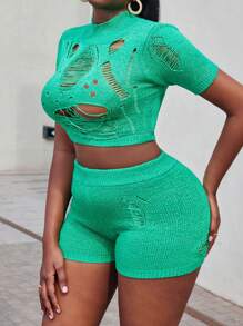 Zolique Women's Distressed Short Sleeve Knit Top And Knit Shorts Set - Green - View 1