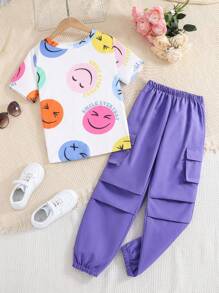 SHEIN Tween Mädchen Face Print Kurzarm-T-Shirt + Cargohose 2 Stück Outfit
