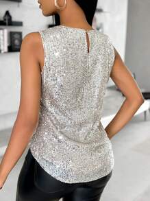 ChicMe 女士时尚性感闪亮亮片拼布无袖衬衫、无袖上衣 - 杏色 - 查看 2