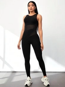 SHEIN Yoga Basic Khối màu Không lưng Áo liền quần thể thao - màu đen - Xem 2