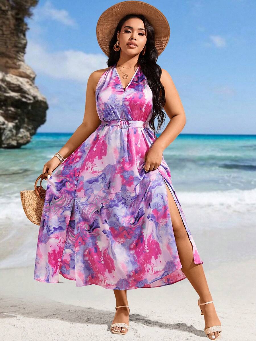 SHEIN Holidaya Plus Size Full Print V-Neck High Slit Dress - Multicolor - View 1