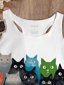 SHEIN Essnce 女款卡通貓印花背心 - 白色 - 查看 3