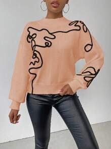 SHEIN LUNE Women's Stand Collar Drop Shoulder Long Sleeve Sweater With Pattern Design, Knit Pullover Fall Winter - Orange - View 6