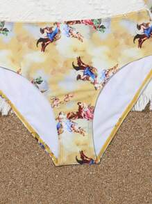 Teen Girl 3pcs/Set Random Printed Bikini Set + Ruffled Cover Up Top Summer Beach - Multicolor - View 5