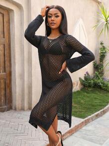 Breezaya 1pc Solid Color Long Sleeve Hollow Out Knitted Sweater Dress - Black - View 4