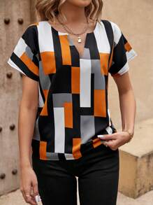 EMERY ROSE Geometric Print Notched Collar Shirt,Short Sleeve Tops - Orange - View 3