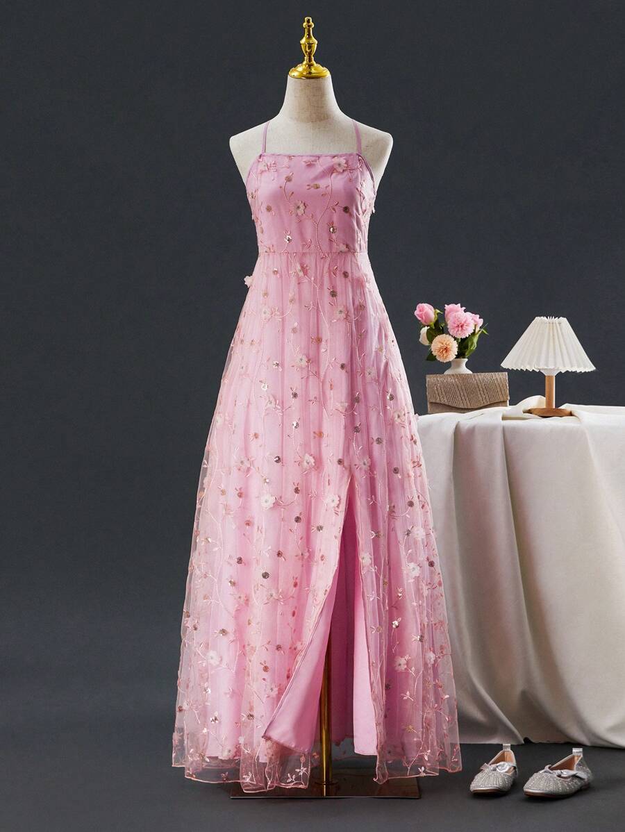 SHEIN Teen Girl Elegant 3D Floral Spaghetti Strap High Slit Dress For Birthday Parties, Events, Weddings, Suitable For All Seasons - Purple - View 1