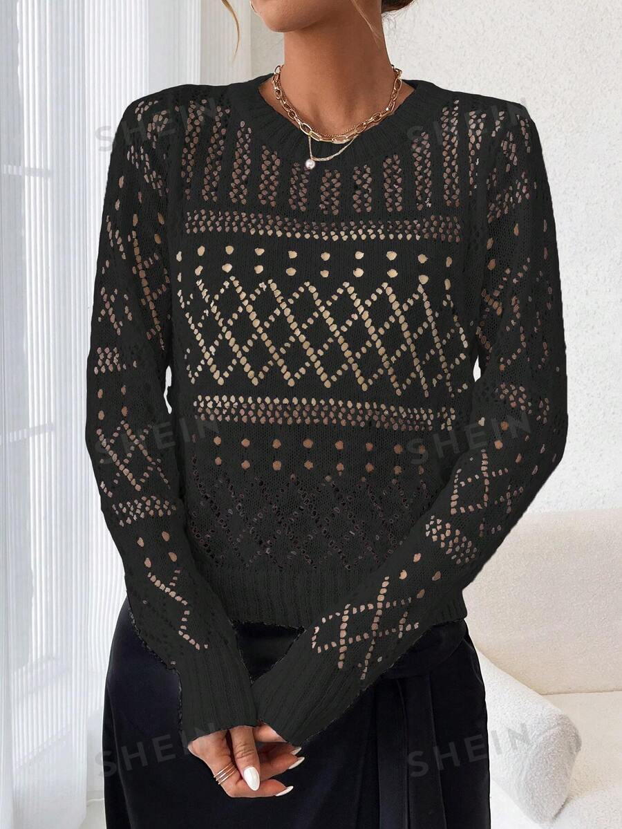 SHEIN LUNE Suéter de manga larga de punto con agujeros para mujer, otoño e invierno - Negro - Ver 1