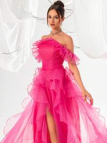 VIPGIRL Elegant Off-Shoulder Mesh High Waist Women's Evening Gown Formal Prom Wedding Guest Dress, For Graduation, Dinner - Pink - View 6