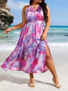 SHEIN Holidaya Plus Size Full Print V-Neck High Slit Dress - Multicolor - View 5