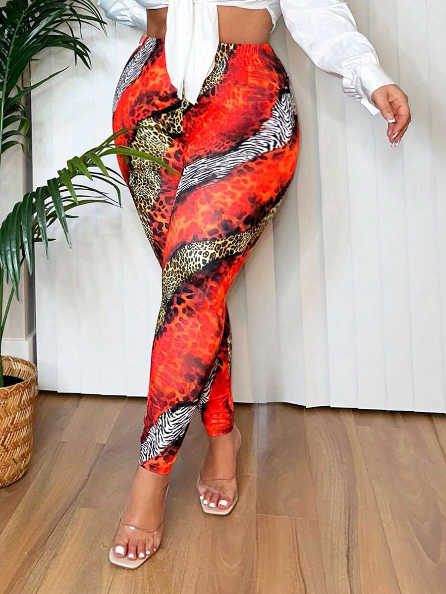SHEIN SXY 大码无缝长款扎染动物纹打底裤，适合春夏海滩度假、波西米亚风生日约会、性感夜店派对等场合。 - 彩色 - 查看 1