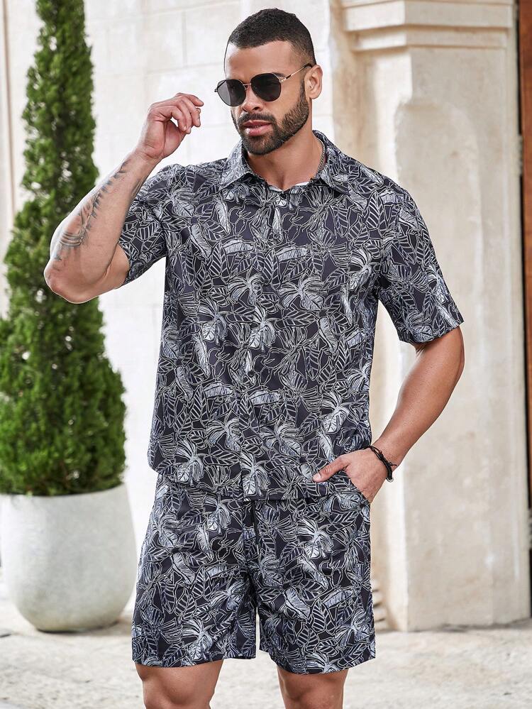 Men's Plus Size Plant Print Short Sleeve Shirt And Shorts Set