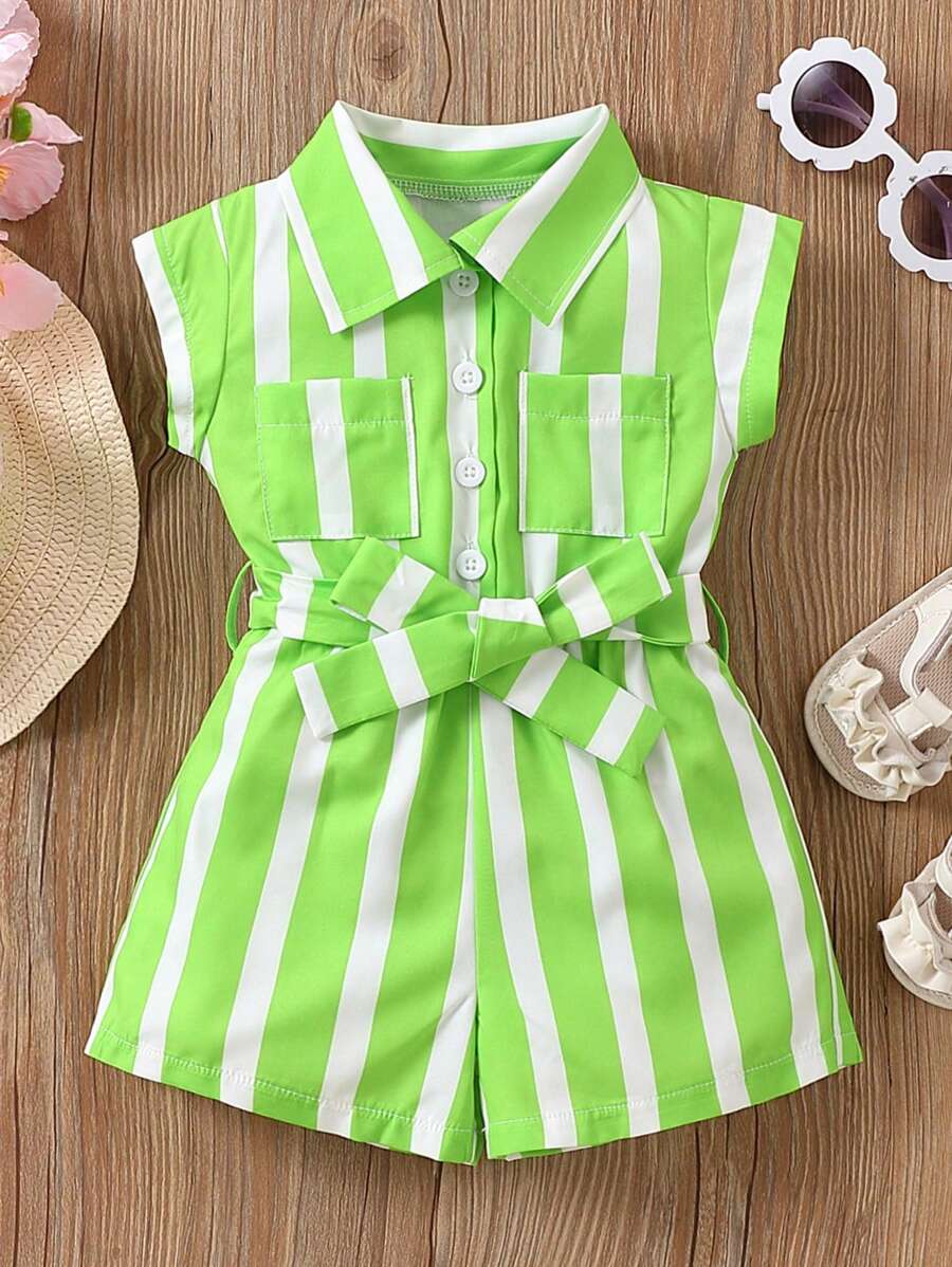 Baby Girl Striped Shirt Romper - Green - View 1