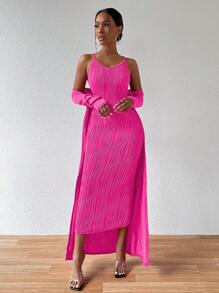 VaVaBold Ladies' Crossback Backless Cami Dress With Long Sleeve Outerwear Two Pieces Set - Hot Pink - View 5