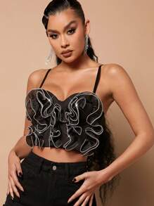 SHEIN Haute Ruffle Rhinestone Trim Bustier Top - Black - View 1