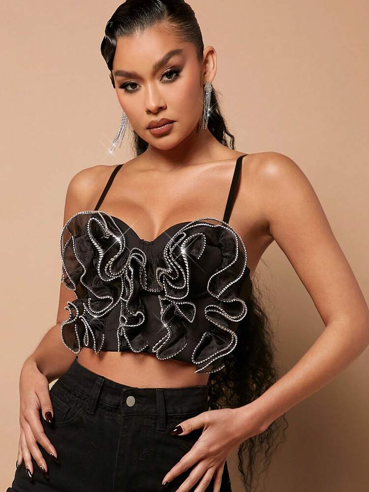 Ruffle Rhinestone Trim Bustier Top