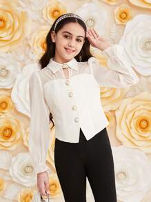 SHEIN Tween Girls' Cute European Organza Shirt With Sheer Sleeves, Faux Pearl Button Up Blouse