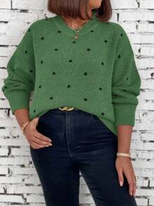 SHEIN LUNE Plus Size Polka Dot Pattern Drop Shoulder Sweater