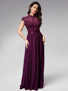 MIUSOL Váy Maxi dự tiệc sang trọng bằng vải voan ren hoa cổ giả, đầm dự tiệc thanh lịch dành cho nữ, đầm dạ hội trang trọng, đầm dạ hội, dành cho khách dự tiệc cưới, tốt nghiệp, tiệc tối - Màu Tím - Xem 4