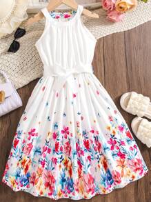 Tween Girl's Summer Off-Shoulder Elegant Floral Dress - White - View 1