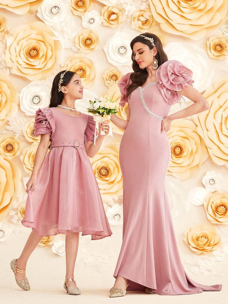 Tween Girls' Elegant Mesh Embroidered 3d Flower Sleeves Short Sleeve Midi Dress