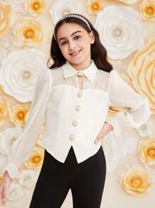 SHEIN Tween Girls' Cute European Organza Shirt With Sheer Sleeves, Faux Pearl Button Up Blouse