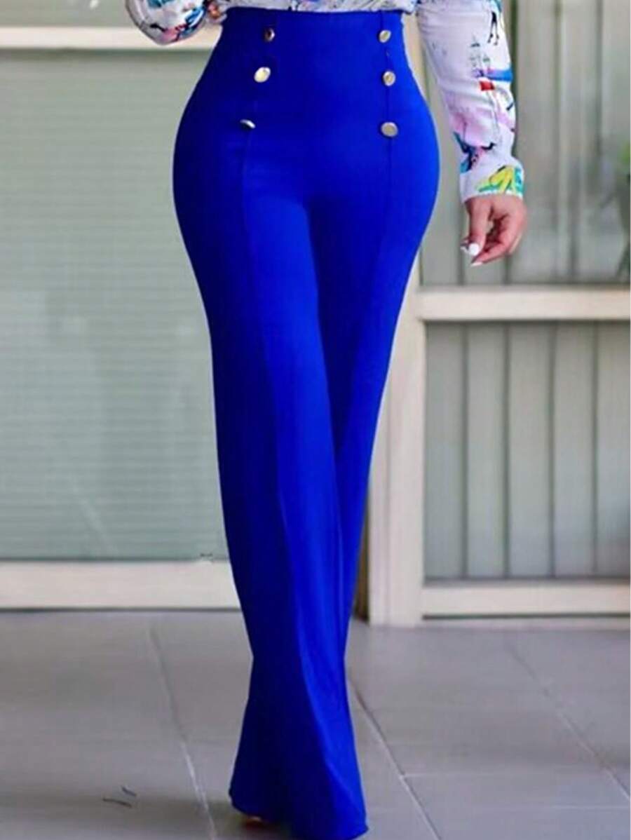 European & American Style Button Decor Simple Casual Streetwear Pants For Women - Xanh đậm - Xem 1