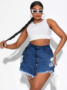 Plus Ripped Raw Cut Asymmetrical Hem Denim Skort - Medium Wash - View 6