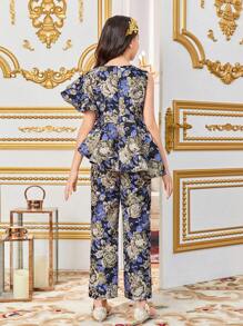 SHEIN Tween Girls' Lovely Round Neck Jacquard Overall Jumpsuit With Asymmetrical Ruffle Hem