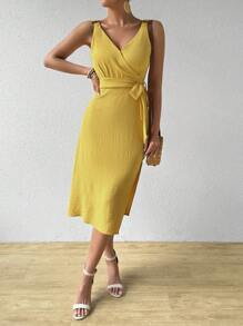 Chiquease Wrap Neckline Sleeveless Belted Dress - Yellow - View 4