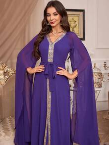 女式超长 V 领雪纺连衣裙，超长袖，朴素卡夫坦阿拉伯连衣裙 - 紫色 - 查看 3