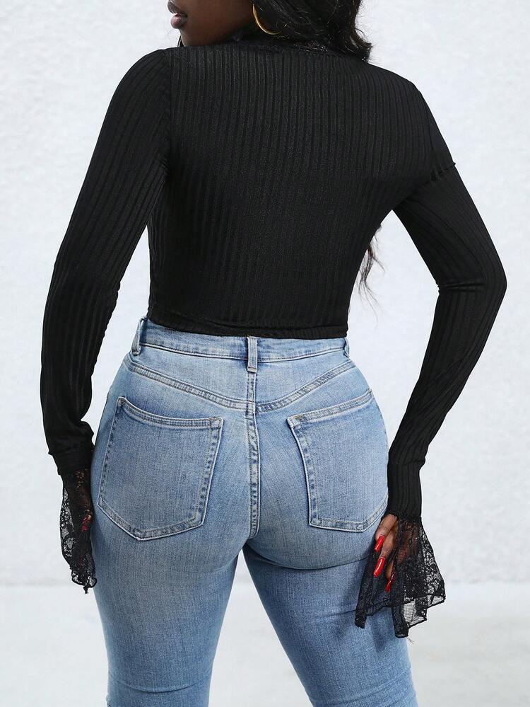 Plus Size Women'S Lace Splicing Cropped T-Shirt