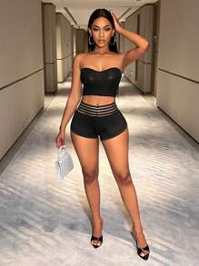 SHEIN SXY Women's Mesh Ribbon Waist Short Leggings - Black - View 6