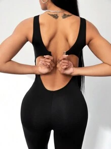 SHEIN Yoga Basic Khối màu Không lưng Áo liền quần thể thao - màu đen - Xem 5