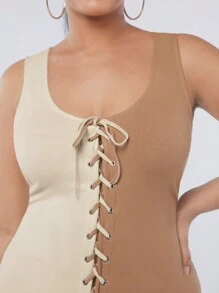 Hauture Plus Farbblock Spitze Aufgeteilt Kleid Mit Schnürung