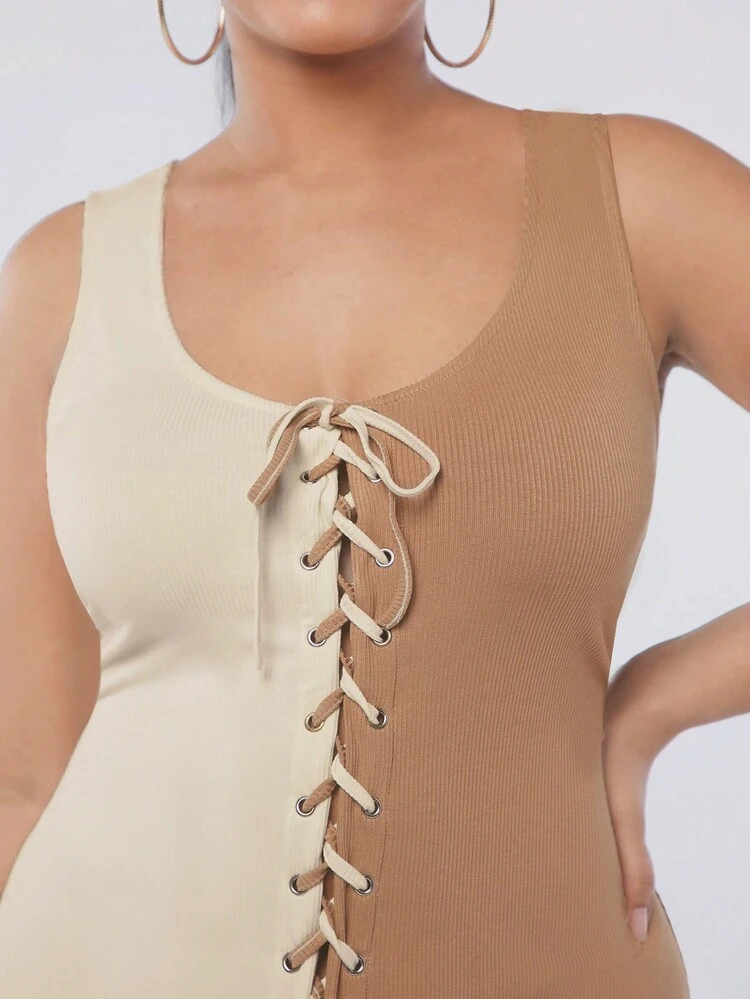Plus Colorblock Lace Up Split Dress