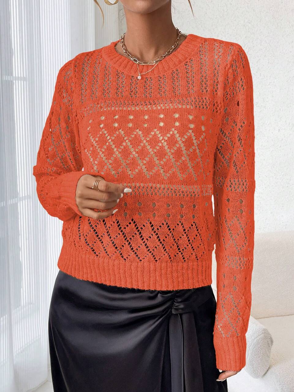 Women's Long Sleeve Hollow-Out Knit Sweater, Knit Pullover Fall Winter