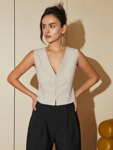 Gilet De Costume À Col En V Sans Manches Pour Femme À Boutonnage Simple - Kaki - Voir 6