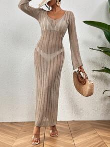 Breezaya 女式鑽孔高側分割針織連衣裙 - 卡其色 - 查看 5