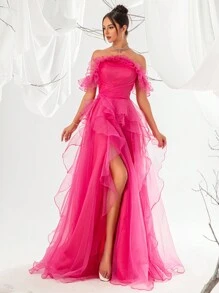 VIPGIRL Elegant Off-Shoulder Mesh High Waist Women's Evening Gown Formal Prom Wedding Guest Dress, For Graduation, Dinner - Pink - View 2