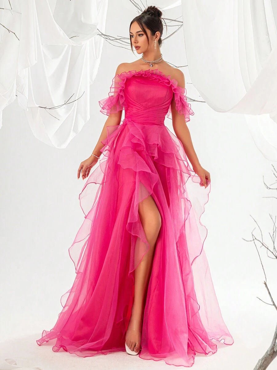VIPGIRL Elegant Off-Shoulder Mesh High Waist Women's Evening Gown Formal Prom Wedding Guest Dress, For Graduation, Dinner