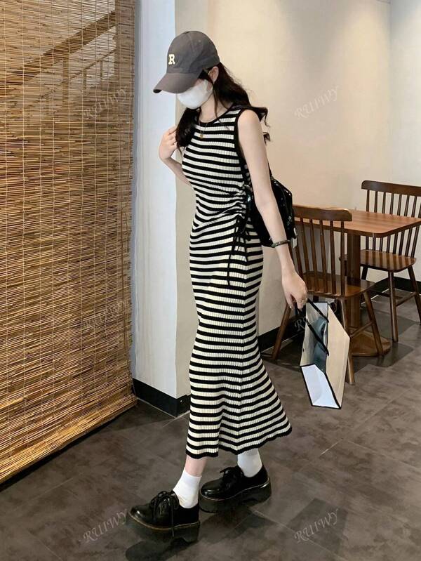 Women's Casual Striped Side Drawstring Sleeveless Knitted Dress, Spring/Summer