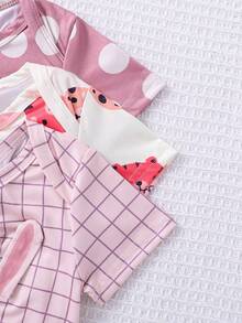 3pcs/Set Baby Girl Comfortable Jumpsuits, With Cartoon Rabbit & Sheep & Leopard & Polka Dot & Checkered Print, For Home Wear - Multicolor - View 4