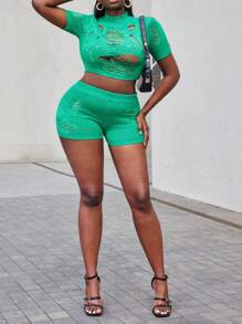 Zolique Women's Distressed Short Sleeve Knit Top And Knit Shorts Set - Green - View 3