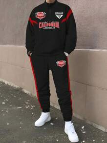 Manfinity Roughcore Men's Plus Size Color Block Letter Printed Sweatshirt And Sweatpants Set - Black - View 1
