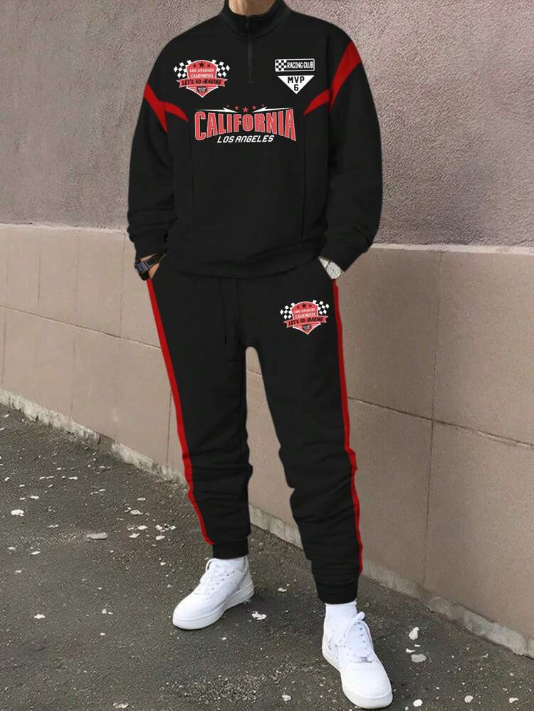 Men's Plus Size Color Block Letter Printed Sweatshirt And Sweatpants Set