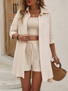 SHEIN LUNE Women's Plain Single-Breasted Shirt, Shirred Tube Top And Shorts Set